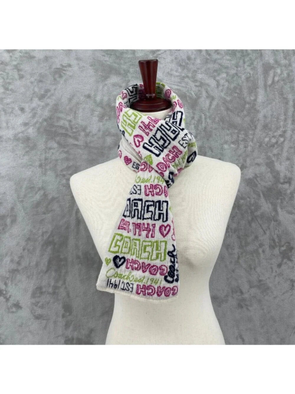 Coach Poppy Heart Graffiti Multicolor Spellout Logo Scarf Knit Wool Blend Cream
